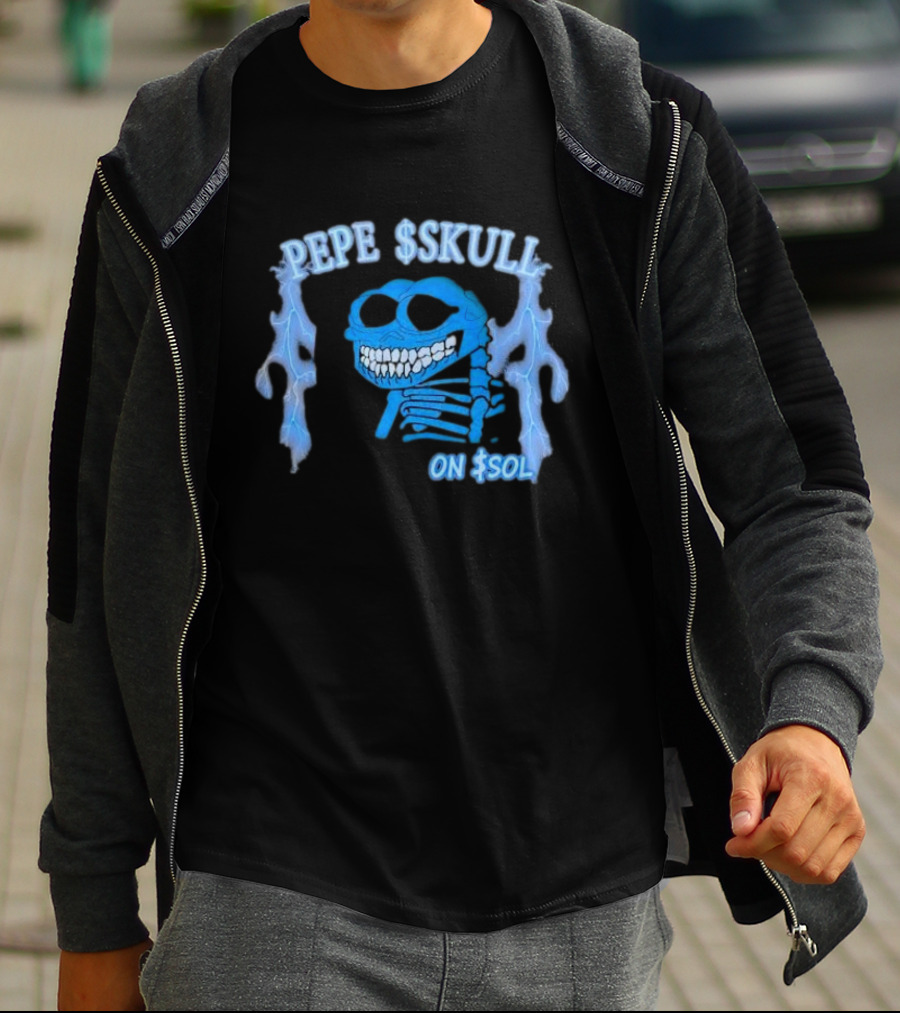 PEPE SKULL ON SOL Thunder Lightning Skeleton T-Shirt