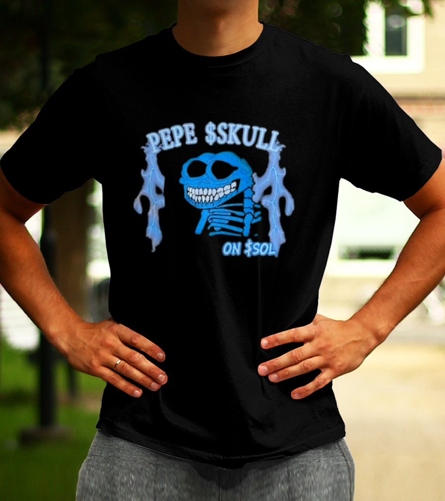 PEPE SKULL ON SOL Thunder Lightning Skeleton T-Shirt