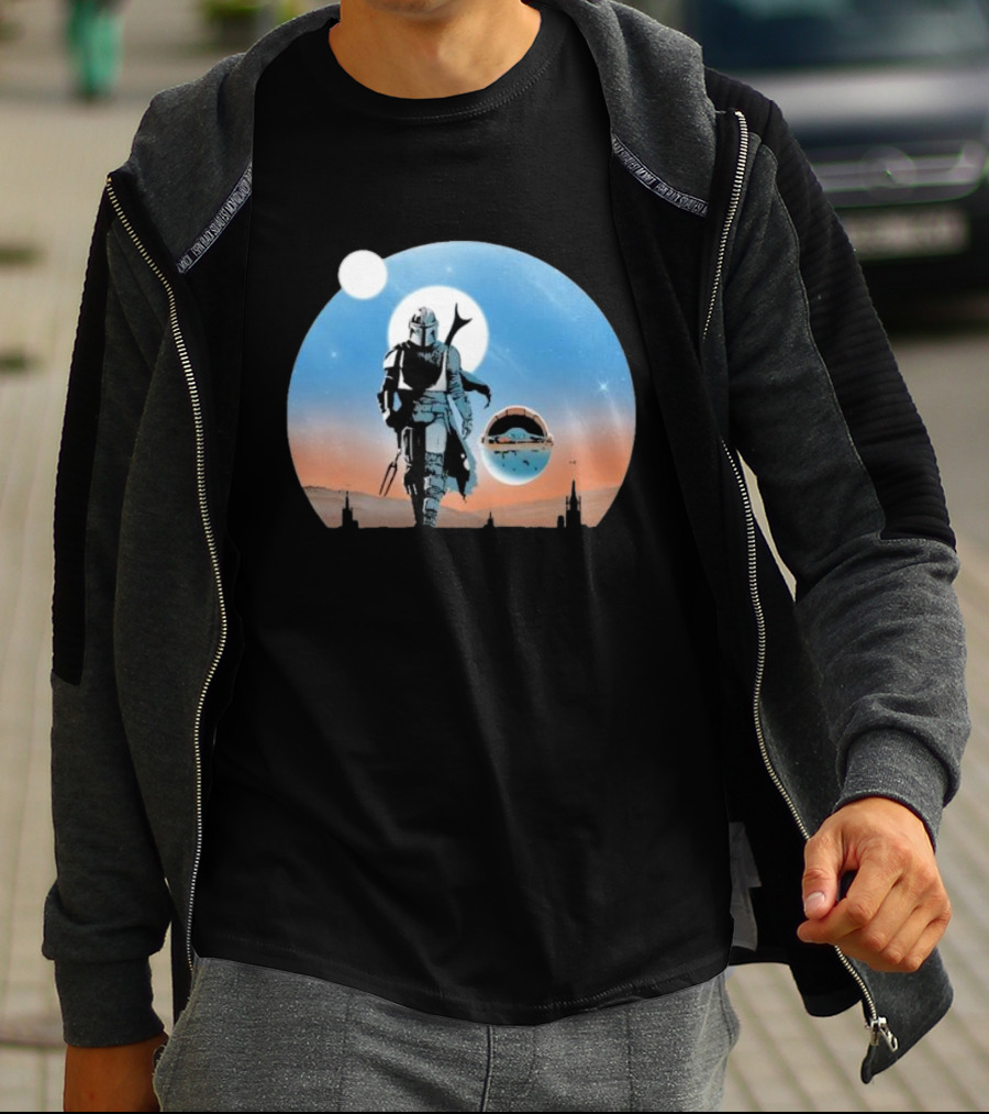 Protect The Child Star War Walking Mandalorian Sunset Adventure T-Shirt