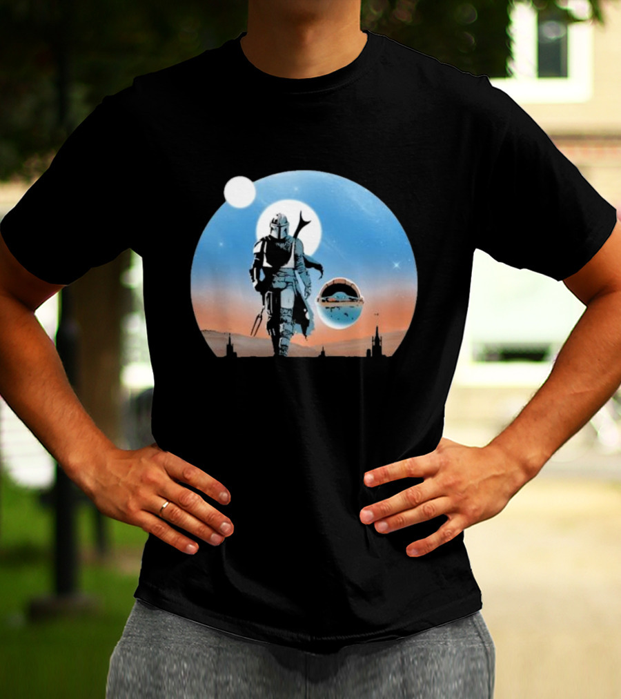 Protect The Child Star War Walking Mandalorian Sunset Adventure T-Shirt
