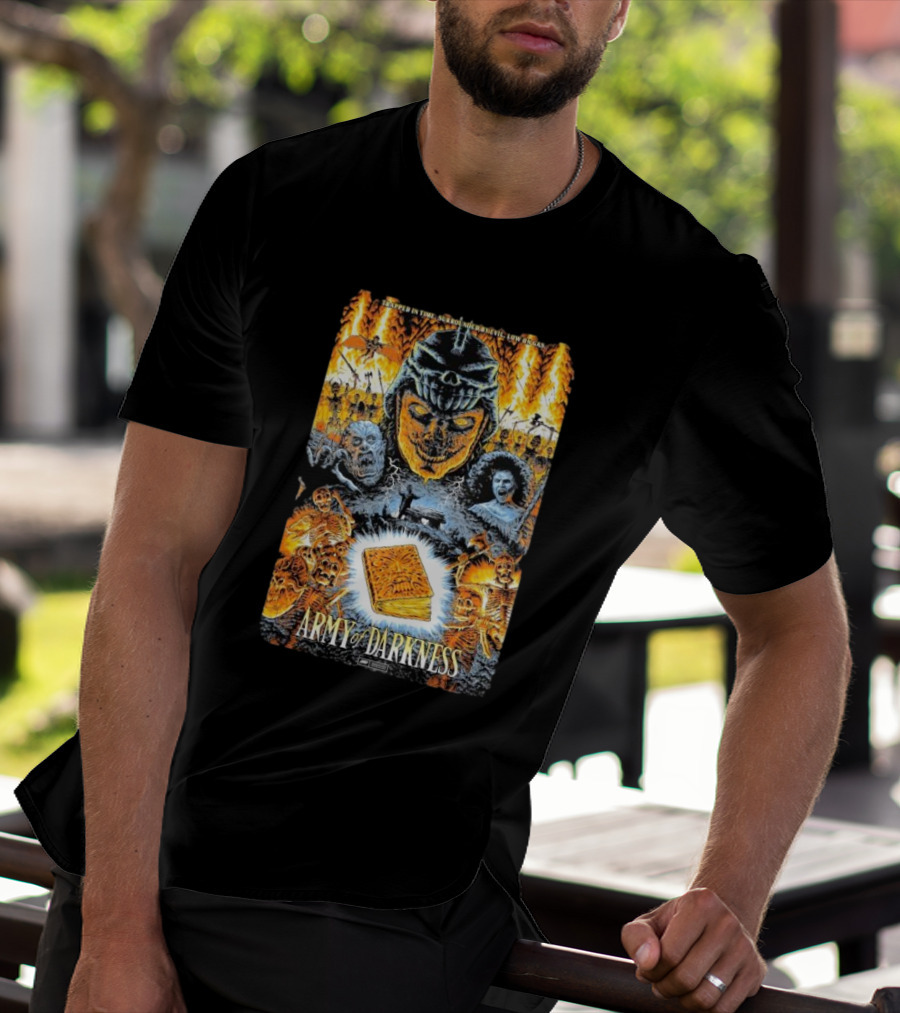 Trapped In Time Surrounded By Evil Low On Gas Army Of Darkness Necronomicon Evil Dead Horror Collage T-Shirt
