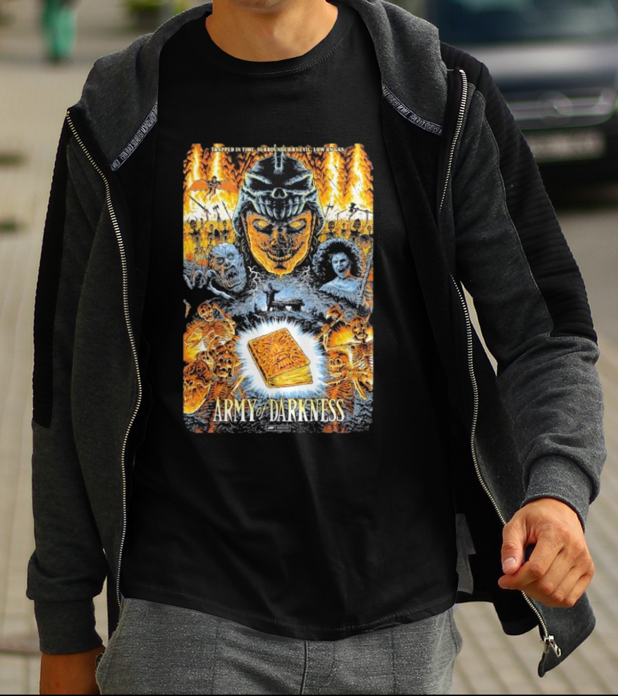 Trapped In Time Surrounded By Evil Low On Gas Army Of Darkness Necronomicon Evil Dead Horror Collage T-Shirt