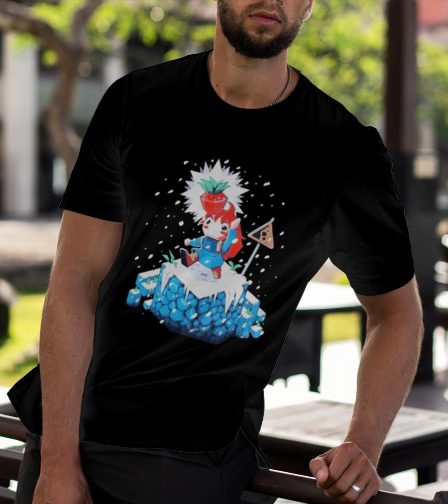 The Yetee Celeste 64 Pixel Adventure Character With Strawberry And Flag On Ice Mountain T-Shirt