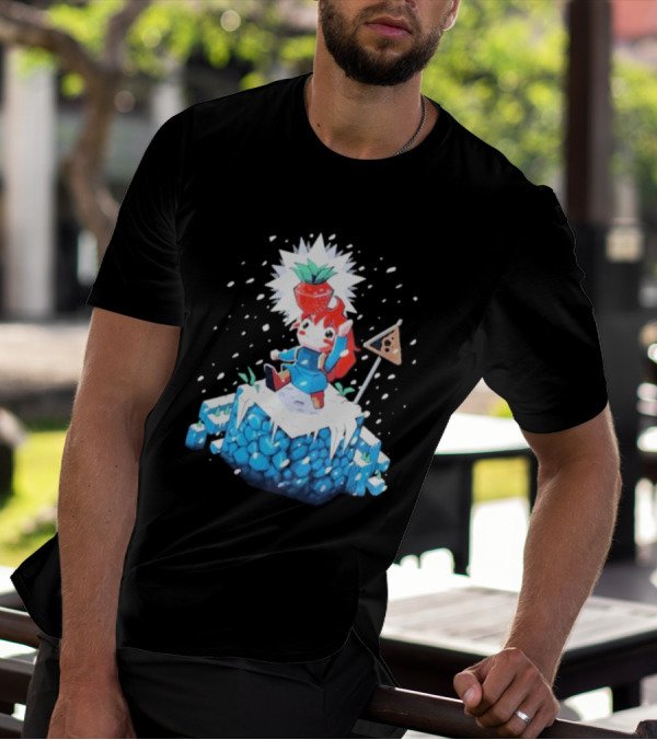 The Yetee Celeste 64 Pixel Adventure Character With Strawberry And Flag On Ice Mountain T-Shirt