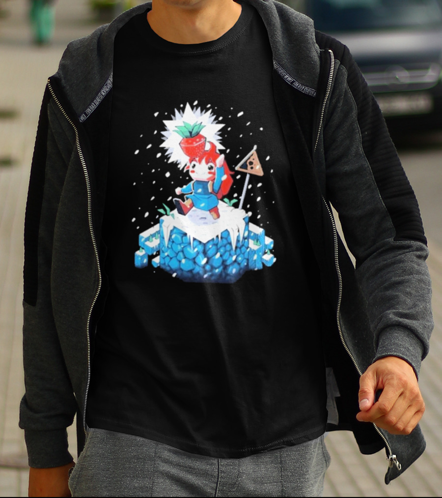 The Yetee Celeste 64 Pixel Adventure Character With Strawberry And Flag On Ice Mountain T-Shirt