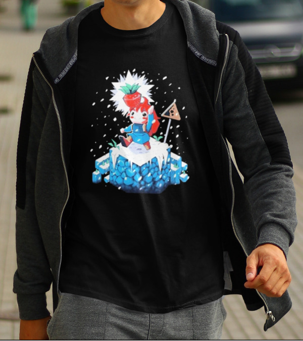 The Yetee Celeste 64 Pixel Adventure Character With Strawberry And Flag On Ice Mountain T-Shirt