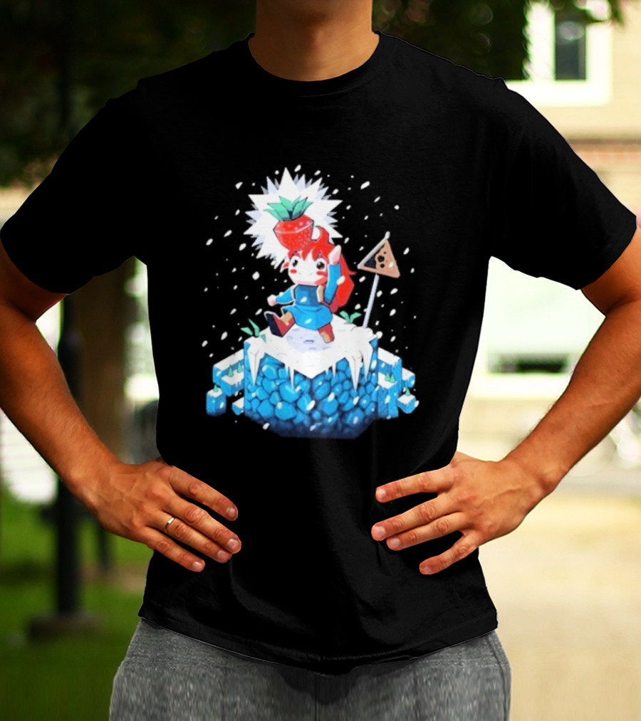The Yetee Celeste 64 Pixel Adventure Character With Strawberry And Flag On Ice Mountain T-Shirt
