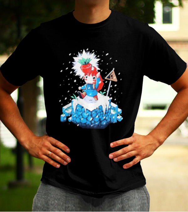 The Yetee Celeste 64 Pixel Adventure Character With Strawberry And Flag On Ice Mountain T-Shirt