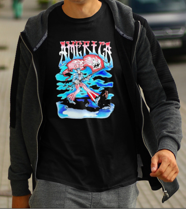 Warren Lotas America Skeleton Uncle Sam With Skull Flags T-Shirt