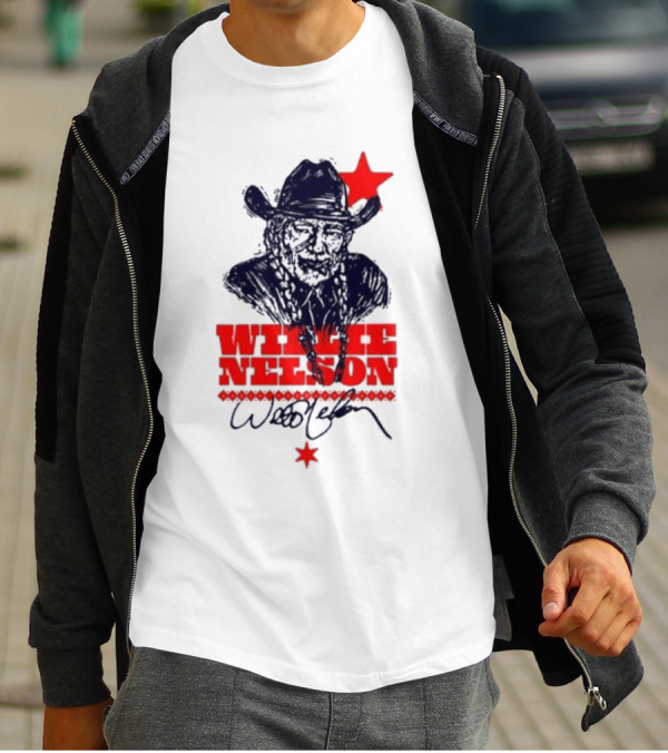 Willie Nelson Woodcut Cowboy Hat Red Star T-Shirt