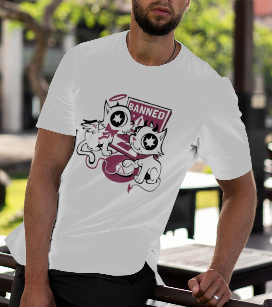 Sinjin Banned Angel Devil Cats With Starry Eyes Sitting By Computer T-Shirt