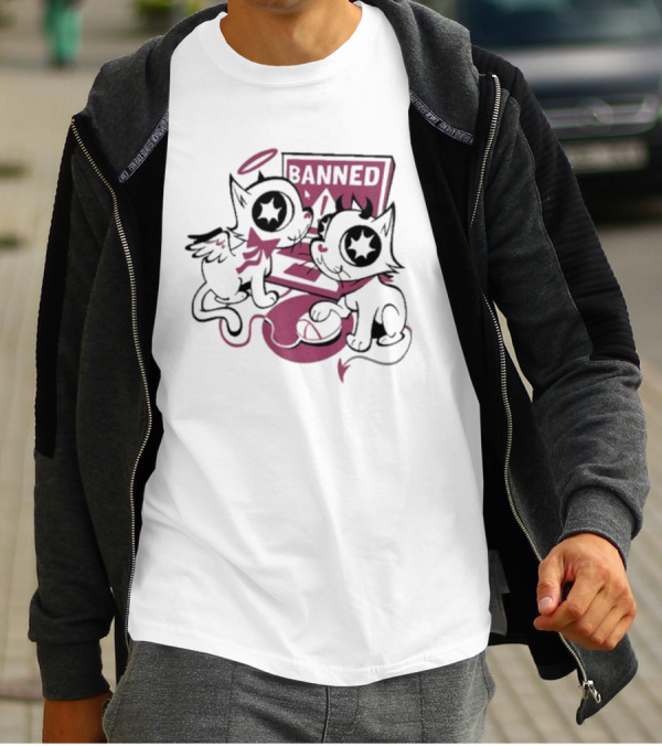 Sinjin Banned Angel Devil Cats With Starry Eyes Sitting By Computer T-Shirt