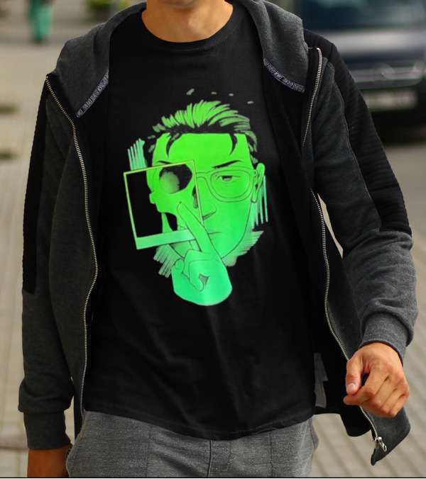 Skull Polaroid Green Neon Portrait Framerate T-Shirt