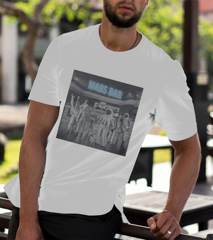 Mars Bar With Astronauts And Alien In Space Scene T-Shirt