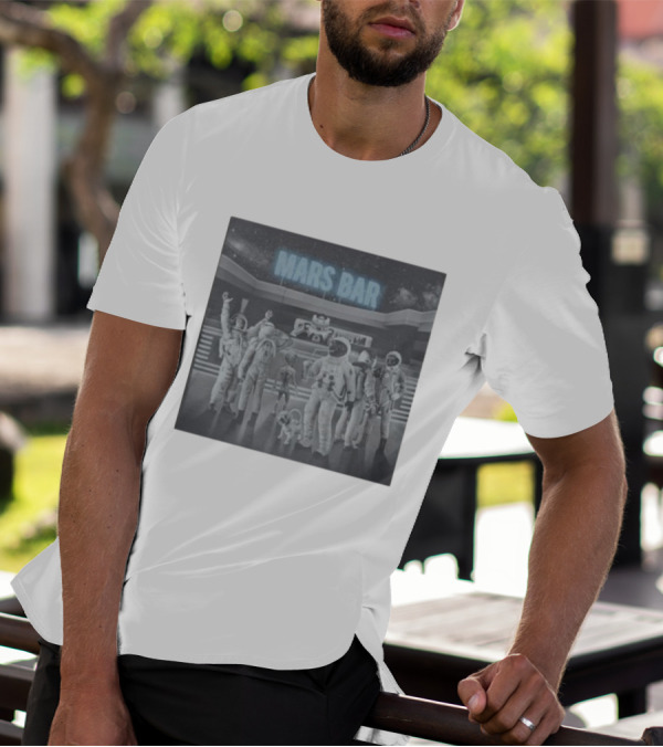 Mars Bar With Astronauts And Alien In Space Scene T-Shirt
