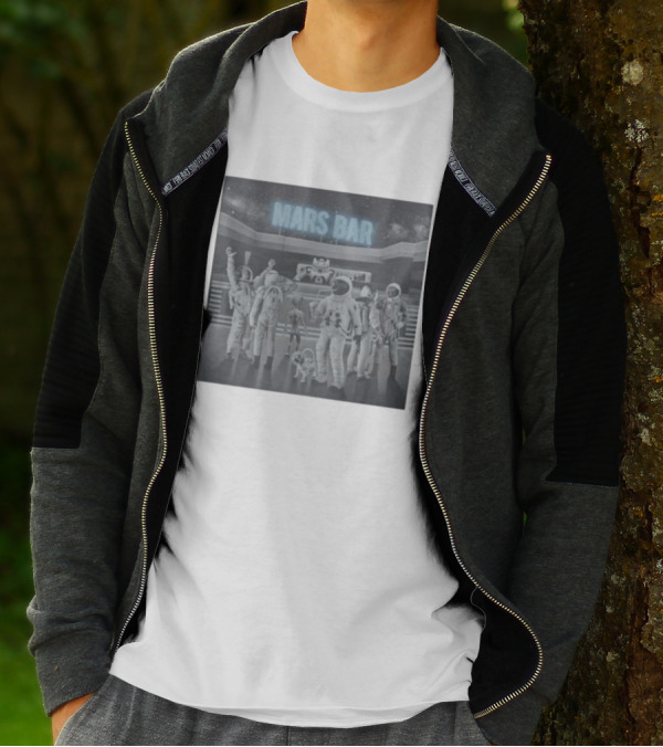 Mars Bar With Astronauts And Alien In Space Scene T-Shirt