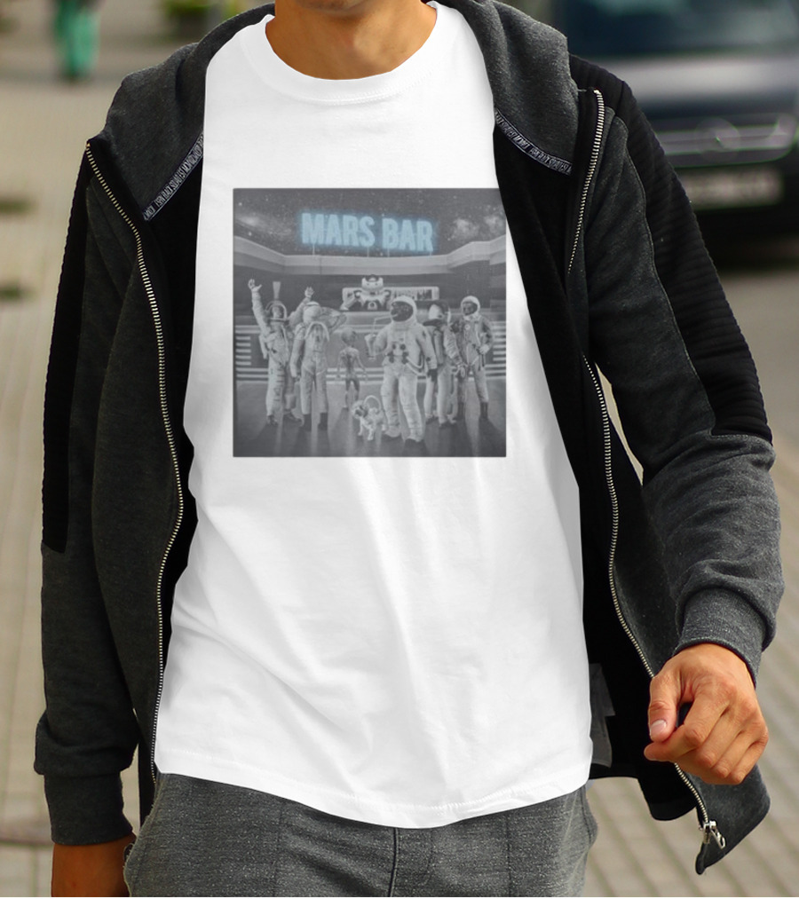 Mars Bar With Astronauts And Alien In Space Scene T-Shirt