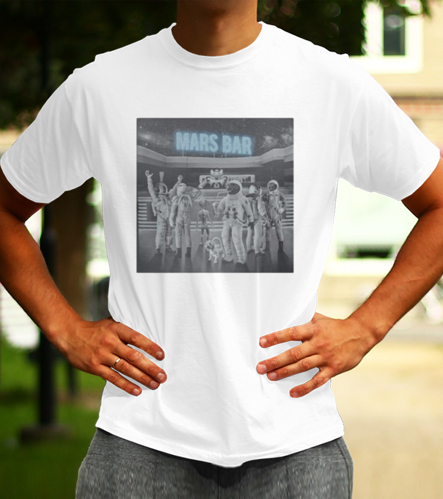 Mars Bar With Astronauts And Alien In Space Scene T-Shirt