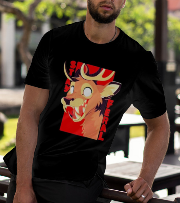 Stay Feral Toothy Deer Wild Expression Monochrome Cartoon T-Shirt
