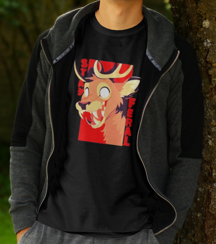 Stay Feral Toothy Deer Wild Expression Monochrome Cartoon T-Shirt