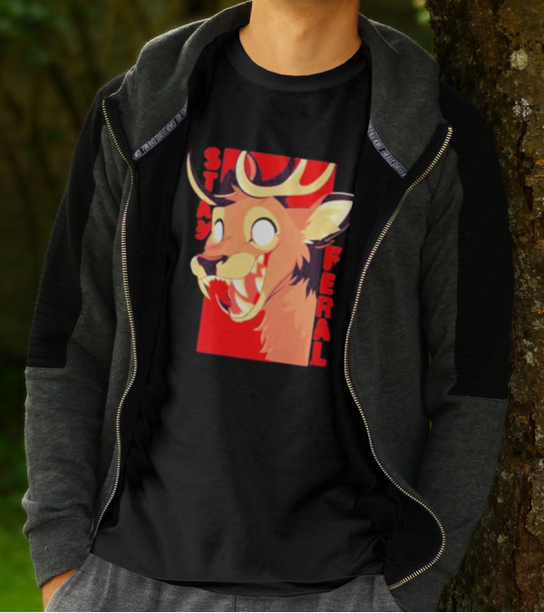 Stay Feral Toothy Deer Wild Expression Monochrome Cartoon T-Shirt