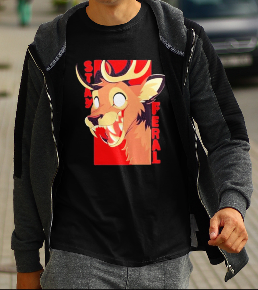 Stay Feral Toothy Deer Wild Expression Monochrome Cartoon T-Shirt