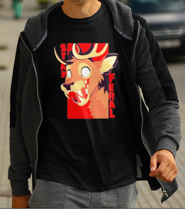 Stay Feral Toothy Deer Wild Expression Monochrome Cartoon T-Shirt
