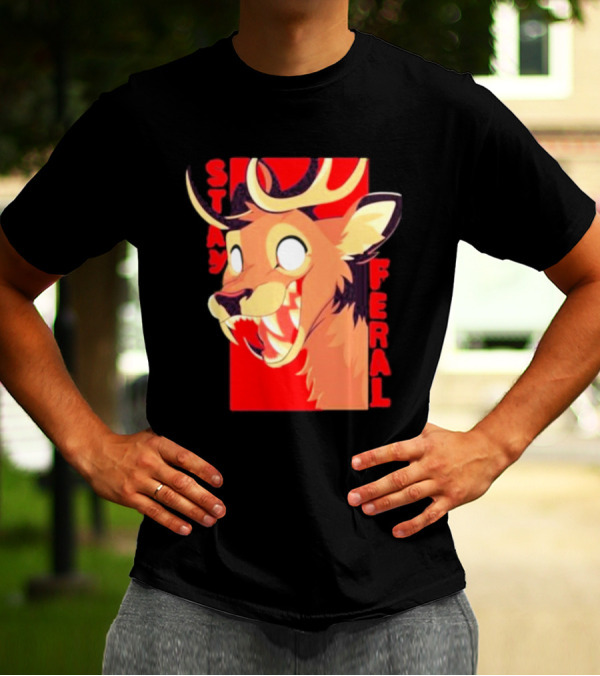 Stay Feral Toothy Deer Wild Expression Monochrome Cartoon T-Shirt