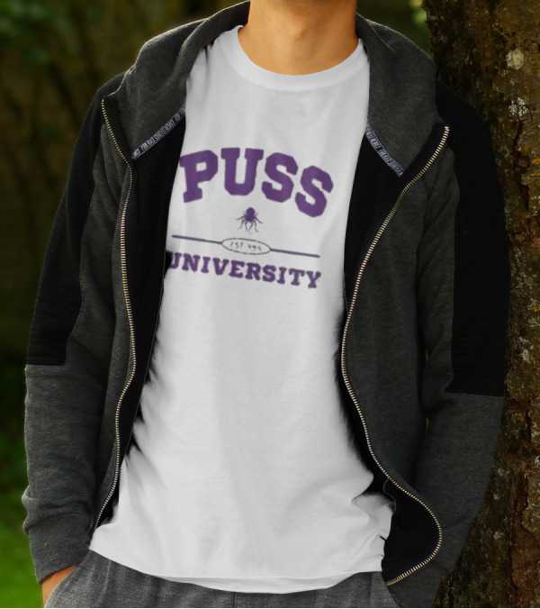 Puss University Est 888 Purple Logo Design With Octopus T-Shirt