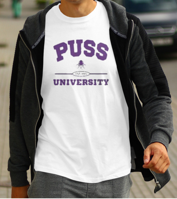 Puss University Est 888 Purple Logo Design With Octopus T-Shirt
