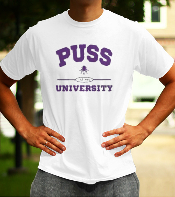 Puss University Est 888 Purple Logo Design With Octopus T-Shirt