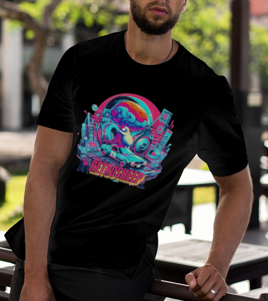 Retrosheep Neon Music Explosion With Retro Cars And Speakers T-Shirt