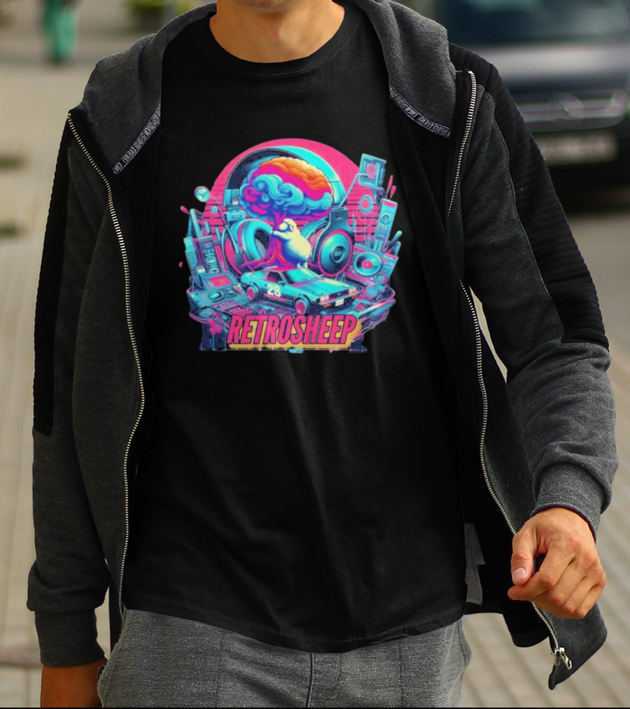 Retrosheep Neon Music Explosion With Retro Cars And Speakers T-Shirt