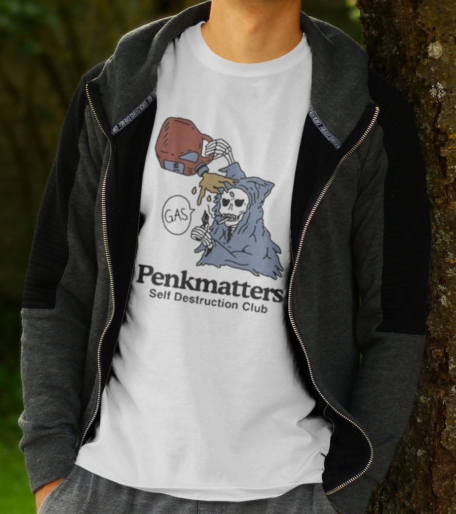 Penkmatters Self Destruction Club Gas Can Pouring On Hooded Figure T-Shirt