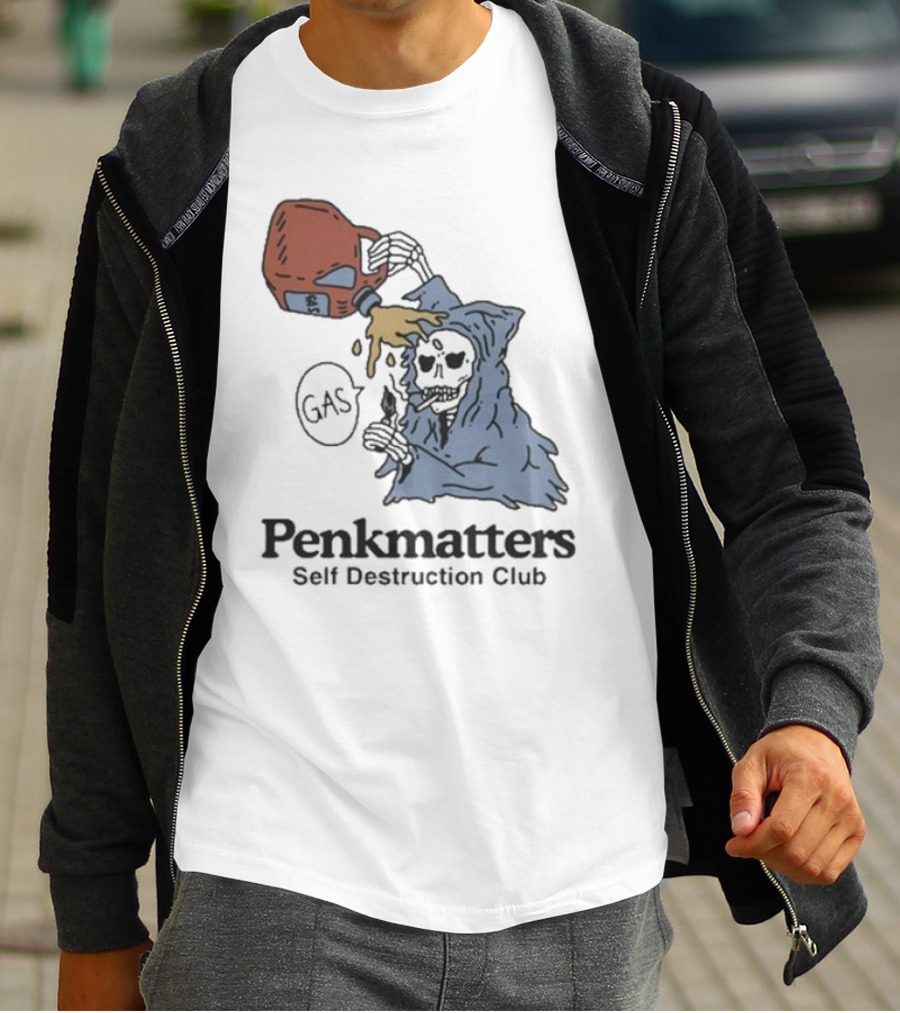 Penkmatters Self Destruction Club Gas Can Pouring On Hooded Figure T-Shirt