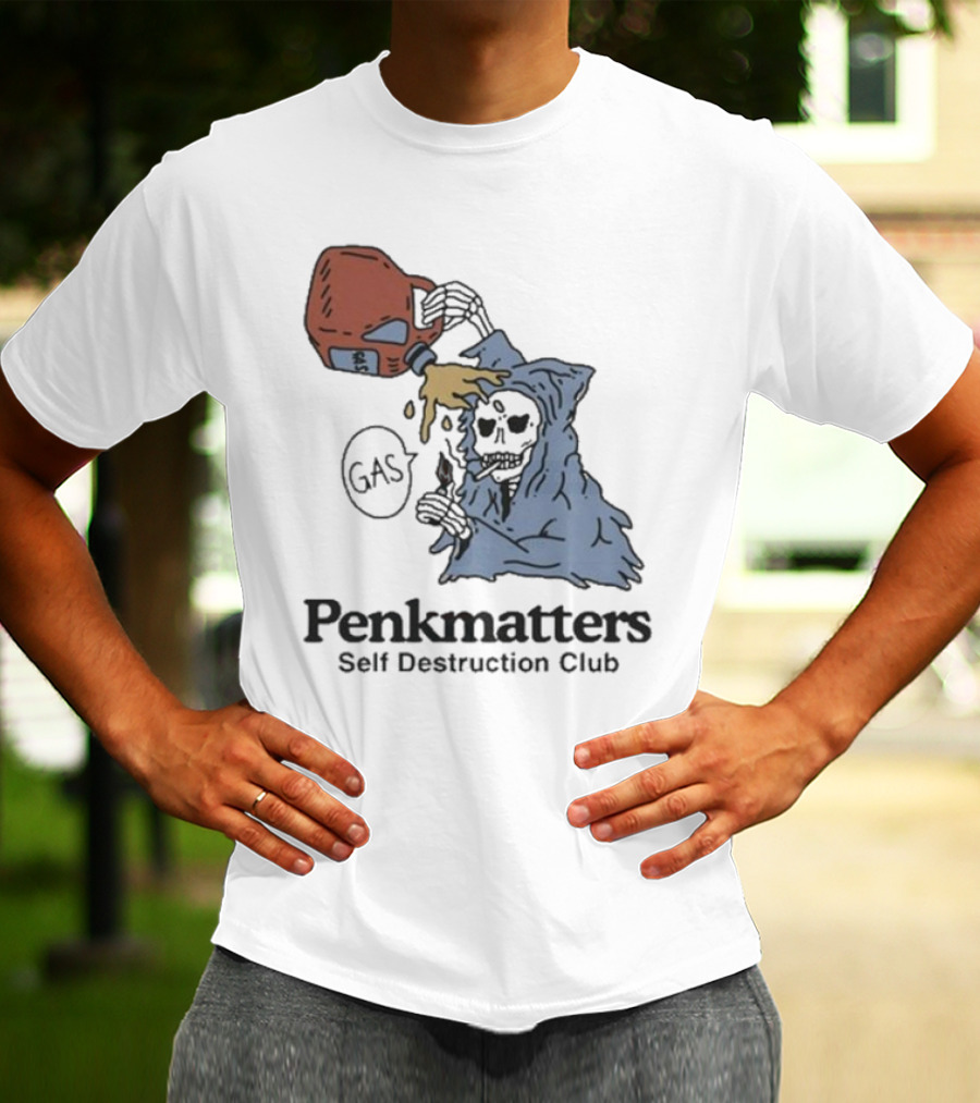 Penkmatters Self Destruction Club Gas Can Pouring On Hooded Figure T-Shirt