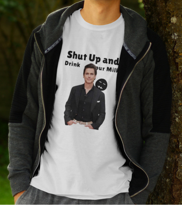 Shut Up And Drink Your Milk With Smiling Man In Black Suit T-Shirt