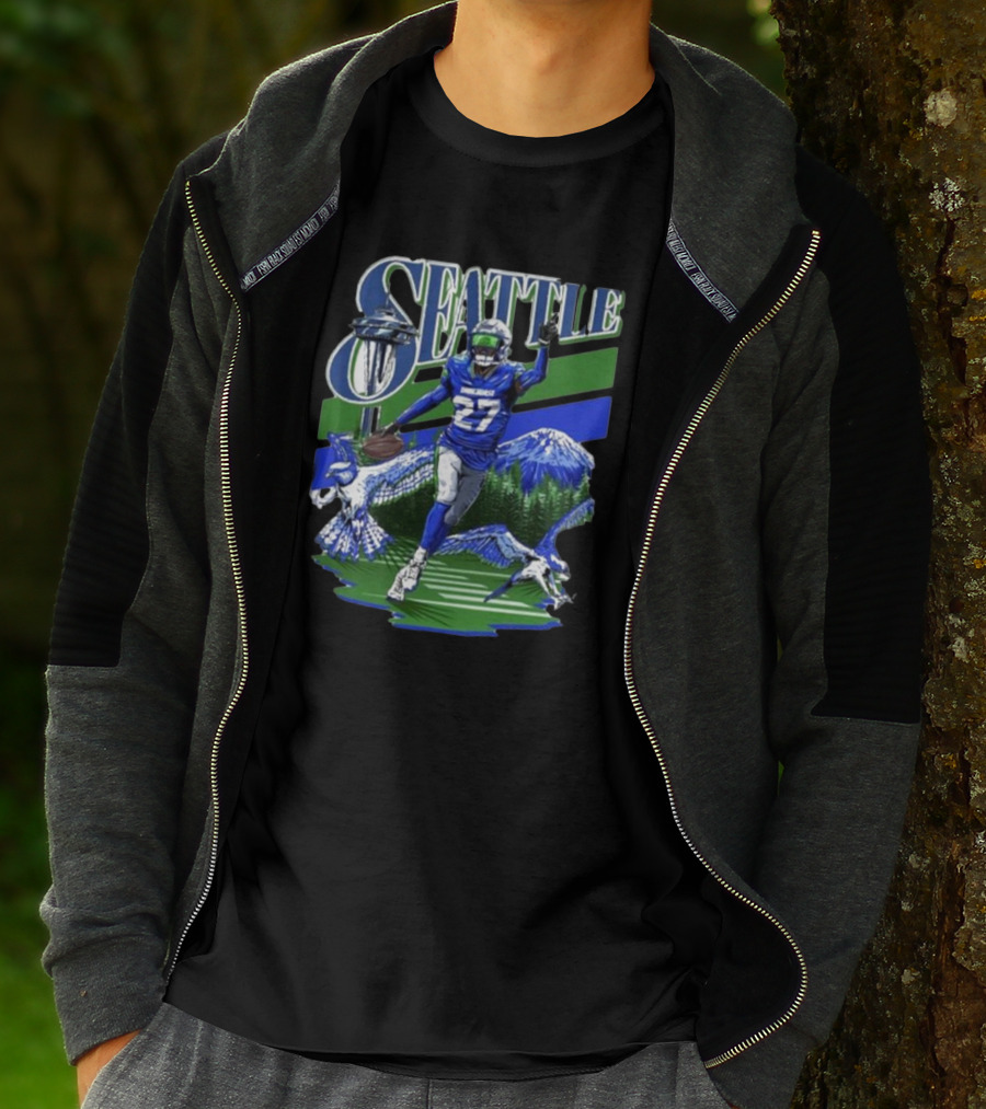 Seattle Seahawks Tariq Woolen Number 27 With Space Needle And Mountain Background T-Shirt