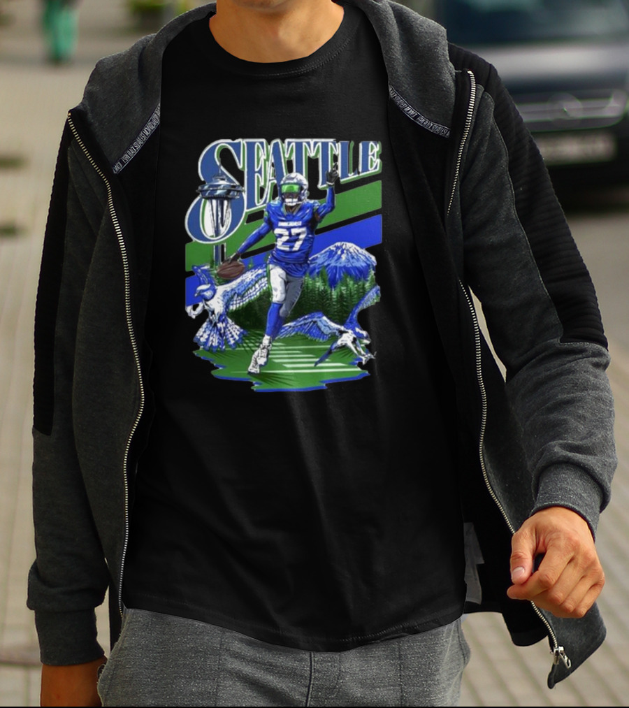Seattle Seahawks Tariq Woolen Number 27 With Space Needle And Mountain Background T-Shirt