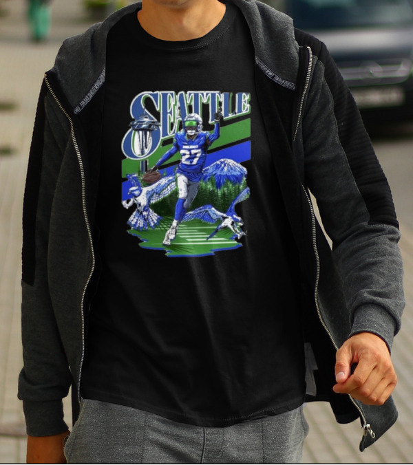 Seattle Seahawks Tariq Woolen Number 27 With Space Needle And Mountain Background T-Shirt