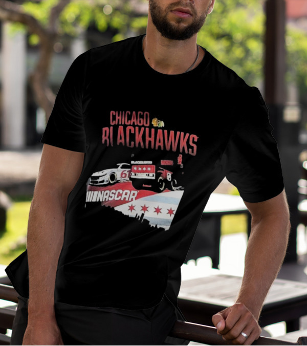 Chicago Blackhawks NASCAR Racing Car With City Skyline And Number 61 T-Shirt