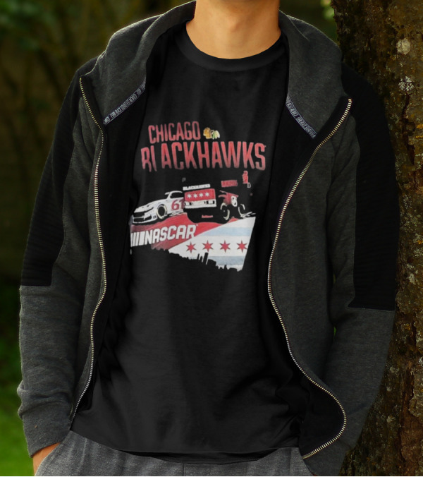 Chicago Blackhawks NASCAR Racing Car With City Skyline And Number 61 T-Shirt