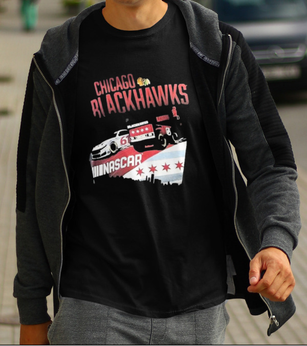 Chicago Blackhawks NASCAR Racing Car With City Skyline And Number 61 T-Shirt