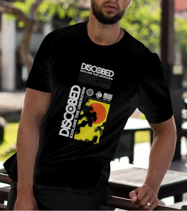 Discobed Explore The Unknown Global Exploration Est 1988 Sun Images With Iconic Nature Scene T-Shirt