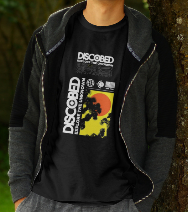Discobed Explore The Unknown Global Exploration Est 1988 Sun Images With Iconic Nature Scene T-Shirt