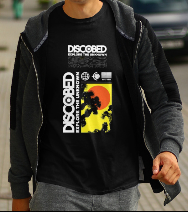 Discobed Explore The Unknown Global Exploration Est 1988 Sun Images With Iconic Nature Scene T-Shirt