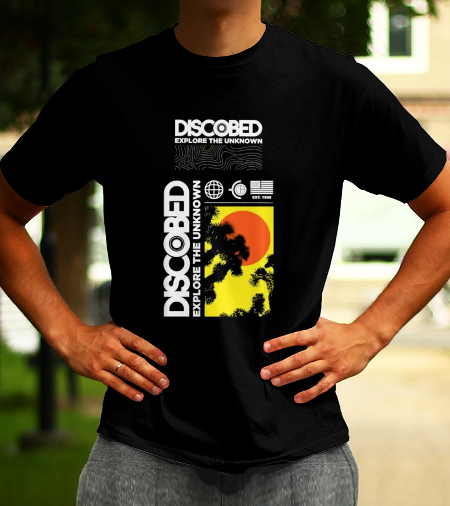 Discobed Explore The Unknown Global Exploration Est 1988 Sun Images With Iconic Nature Scene T-Shirt