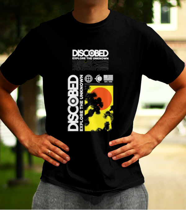 Discobed Explore The Unknown Global Exploration Est 1988 Sun Images With Iconic Nature Scene T-Shirt