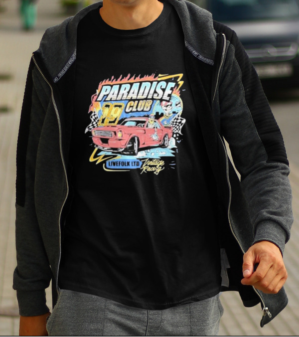 Paradise Club 19 Livefolk Ltd Vintage Racing Skeleton Racer Car Checkered Flags T-Shirt