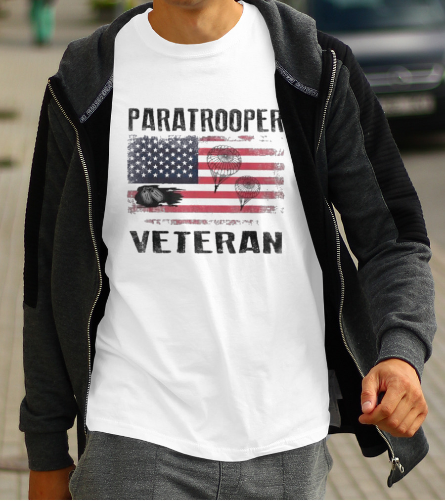 Paratrooper Veteran US Flag Tribute With Airborne T-Shirt